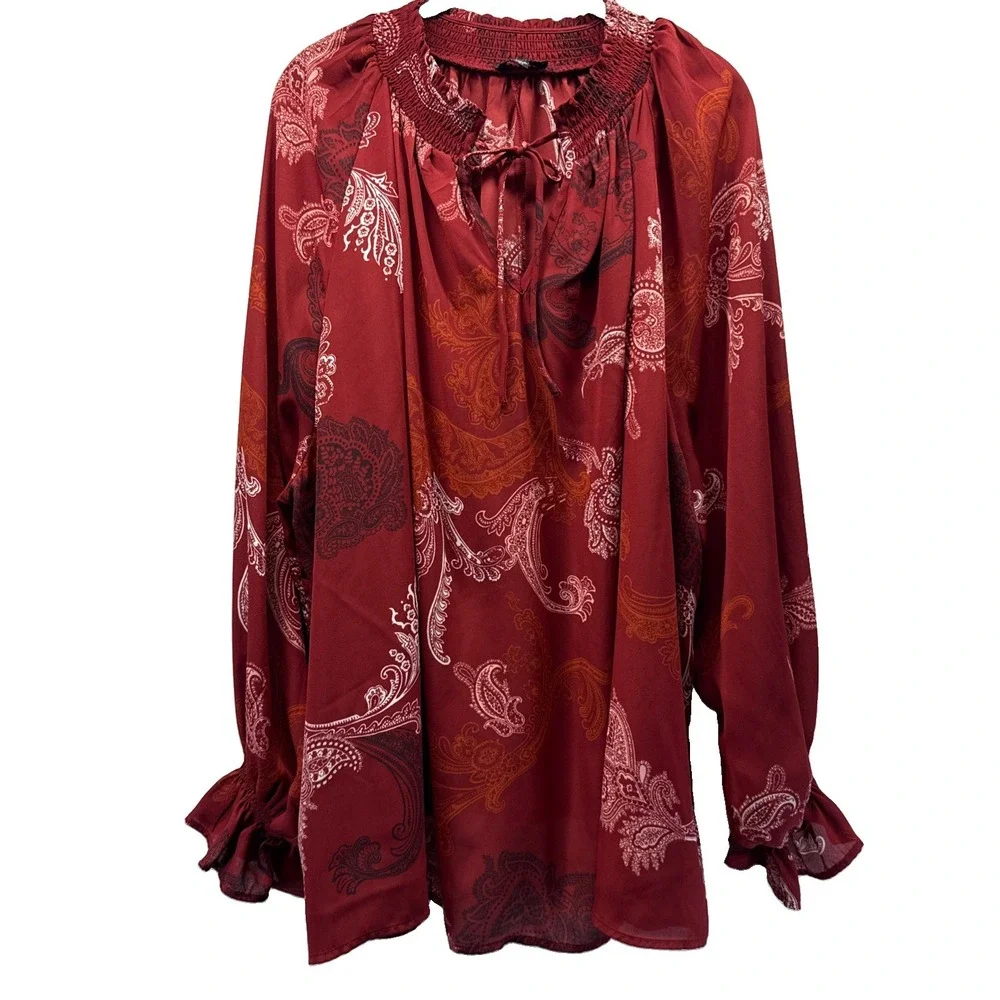 Cocomo Women's Top Size 4X Red Pink Long Sleeve Pullover Smocked Flowy Paisley - Picture 1 of 8